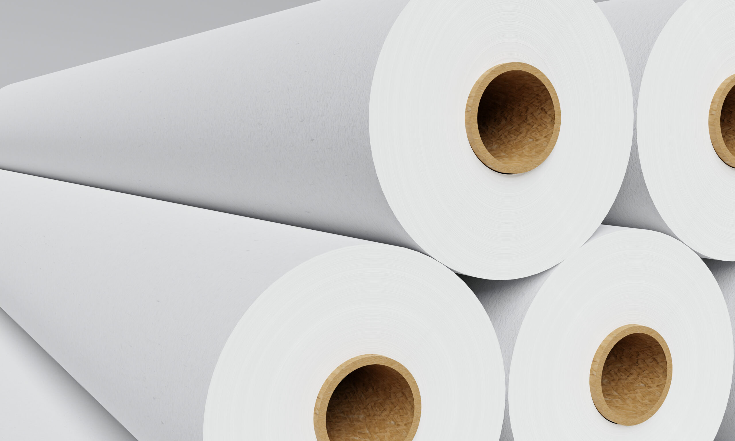 Group of white paper rolls in industrial factory for storage background. Production and manufacturing concept. 3D illustration rendering